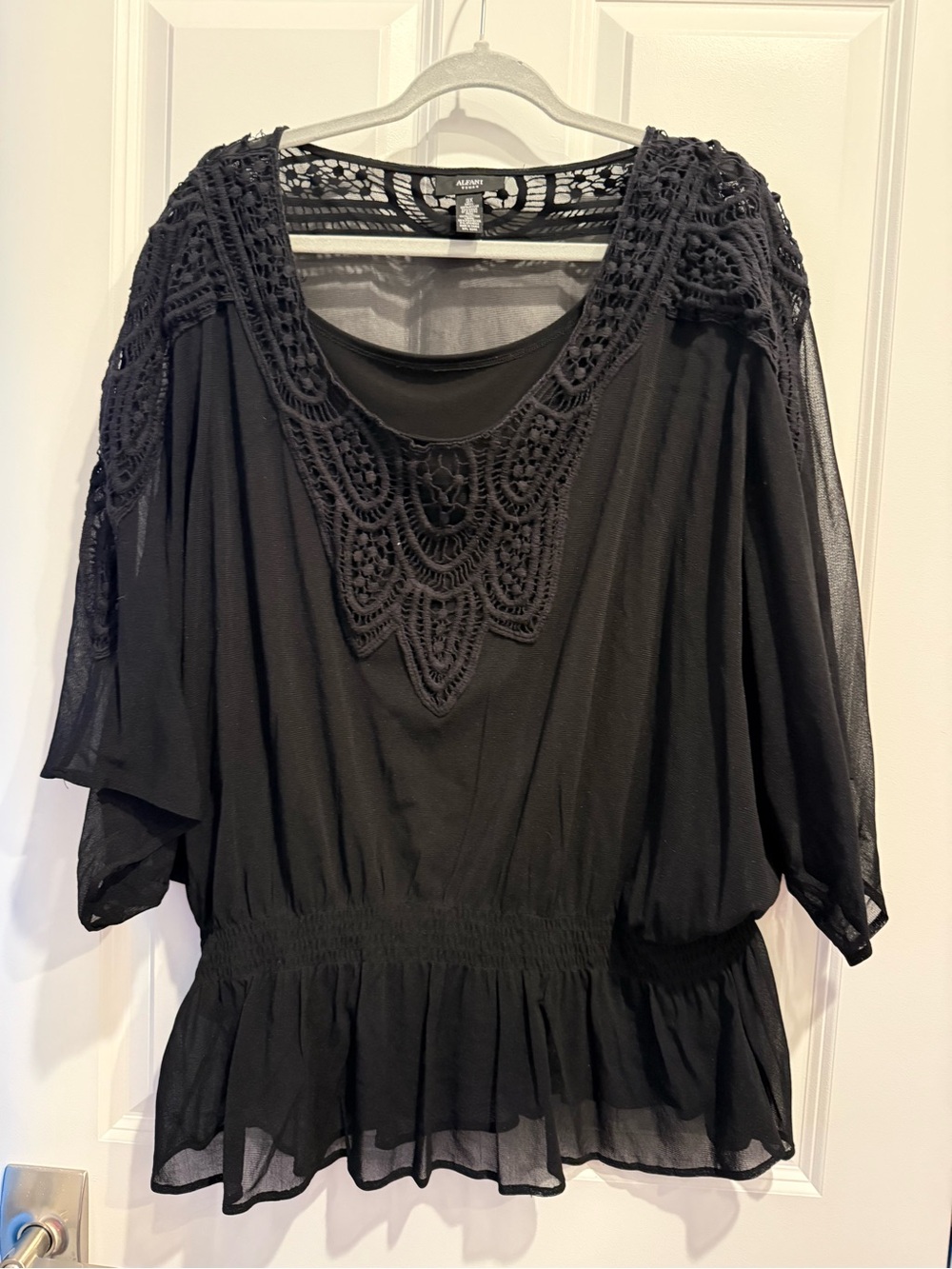 Alfani Black Crochet-Trim Peplum Blouse